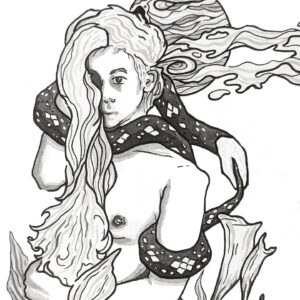 ink line drawing of a nude figure with long wavy hair being entangled by a black snake. There are calla lilies and a gaseous planet in the background.