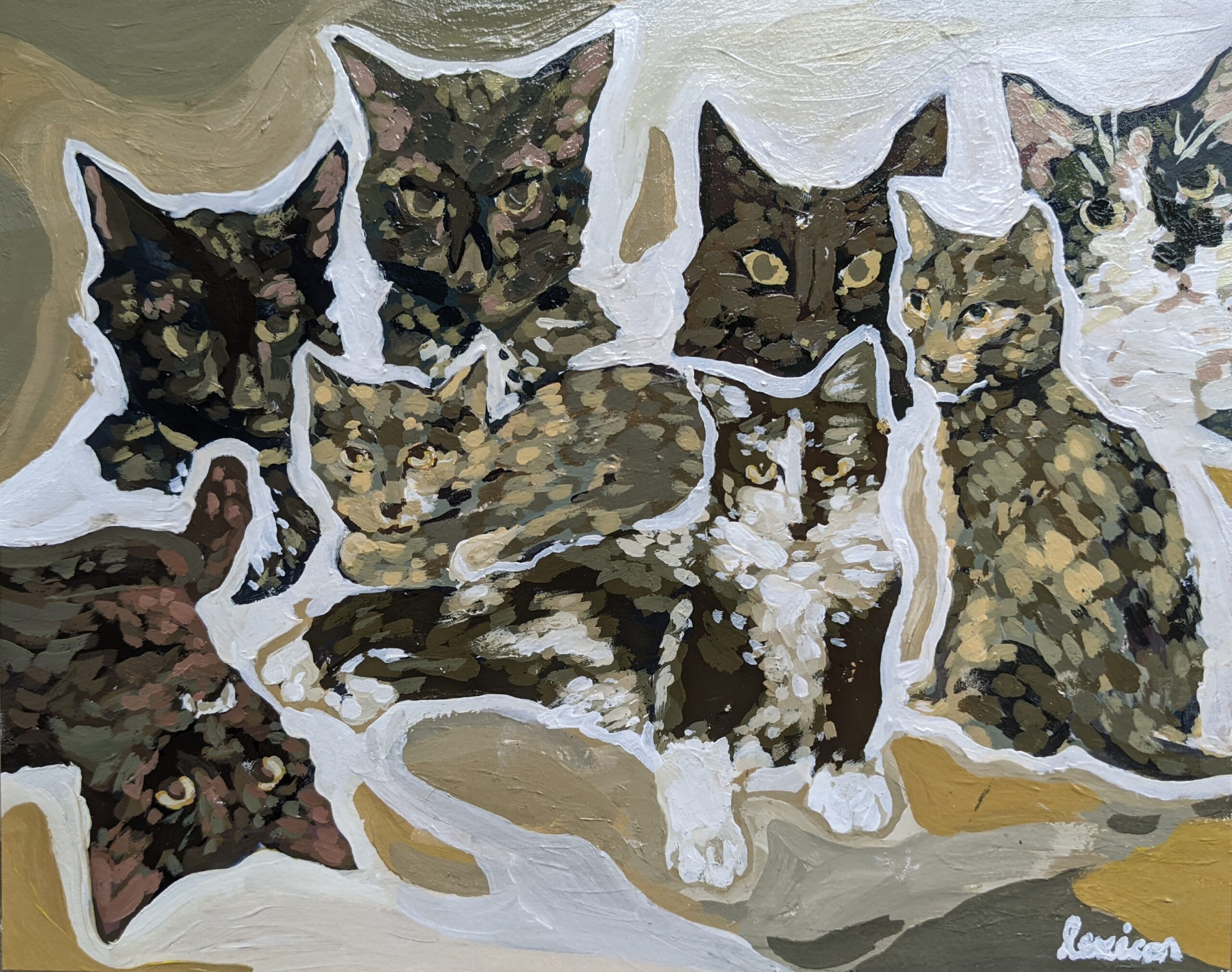 acrylic family portrait of cats in various colors in goofy poses painterly style