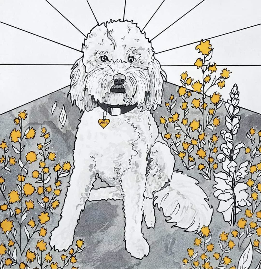 the value of pet portraits in ink of golden doodle with white aura and goldenrod flowers