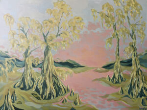 landscape acrylic painting of pink sunrise louisiana swamp moss trees