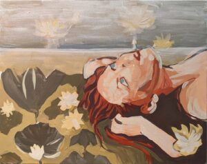 Discover Secrets in Artwork lexrthomas acrylic painting of nude red headed person laying in a pond with green water and lotus flowers under grey sky work in progess
