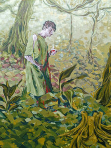 lex r thomas original acrylic painting of person in hospital gown walking through thick green forest holding belly