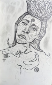 lex r thomas graphite self portrait of sad bust of a person in curly linework wearing crown