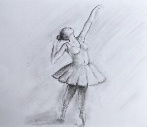lex r thomas graphite drawing of dancer in ballet dress reaching upwards the art of practice