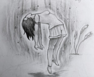 lex r thomas graphite sketch of person levitating with symbols floating around them