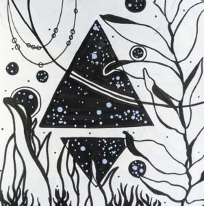 lex r thomas original ink drawing abstract illustration of triangle with stars inside surrounded by plants