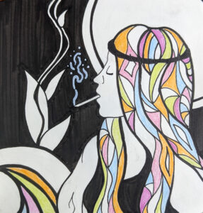 lex r thomas ink illustration of person smoking with kaleidoscope psychedelic colored hair