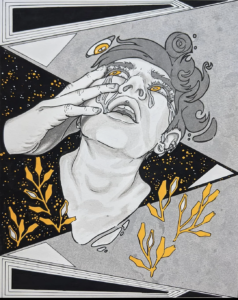 lex r thomas ink self portrait of strong emotional crying face looking upwards at eye surrounded by yellow flowers and floating hand