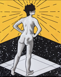 lex r thomas original ink and gouache painting of nude figure standing tall with hands on hips with gold leading lines