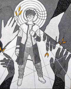 lex r thomas ink drawing self portrait of person standing against geometric lines with various hands the art of practice