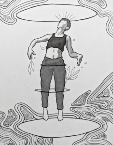 lex r thomas surrealist ink drawing of person floating in the void with minimal curved lineart in background