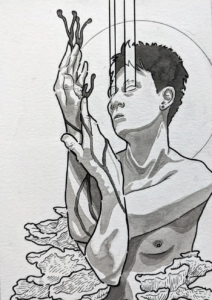 lex r thomas inktober illustration of nude person with arms contorted upwards mushrooms are growing out of fingers and body