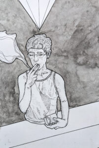 lex r thomas inktober ink illustration of artist smoking with linework and clean diamonds