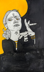 lex r thomas ink illustration self portrait of person smoking with swirling third eye against black and yellow abstract background