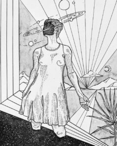 lex r thomas ink illustration of dressed figure standing in desert with space and planets replacing face